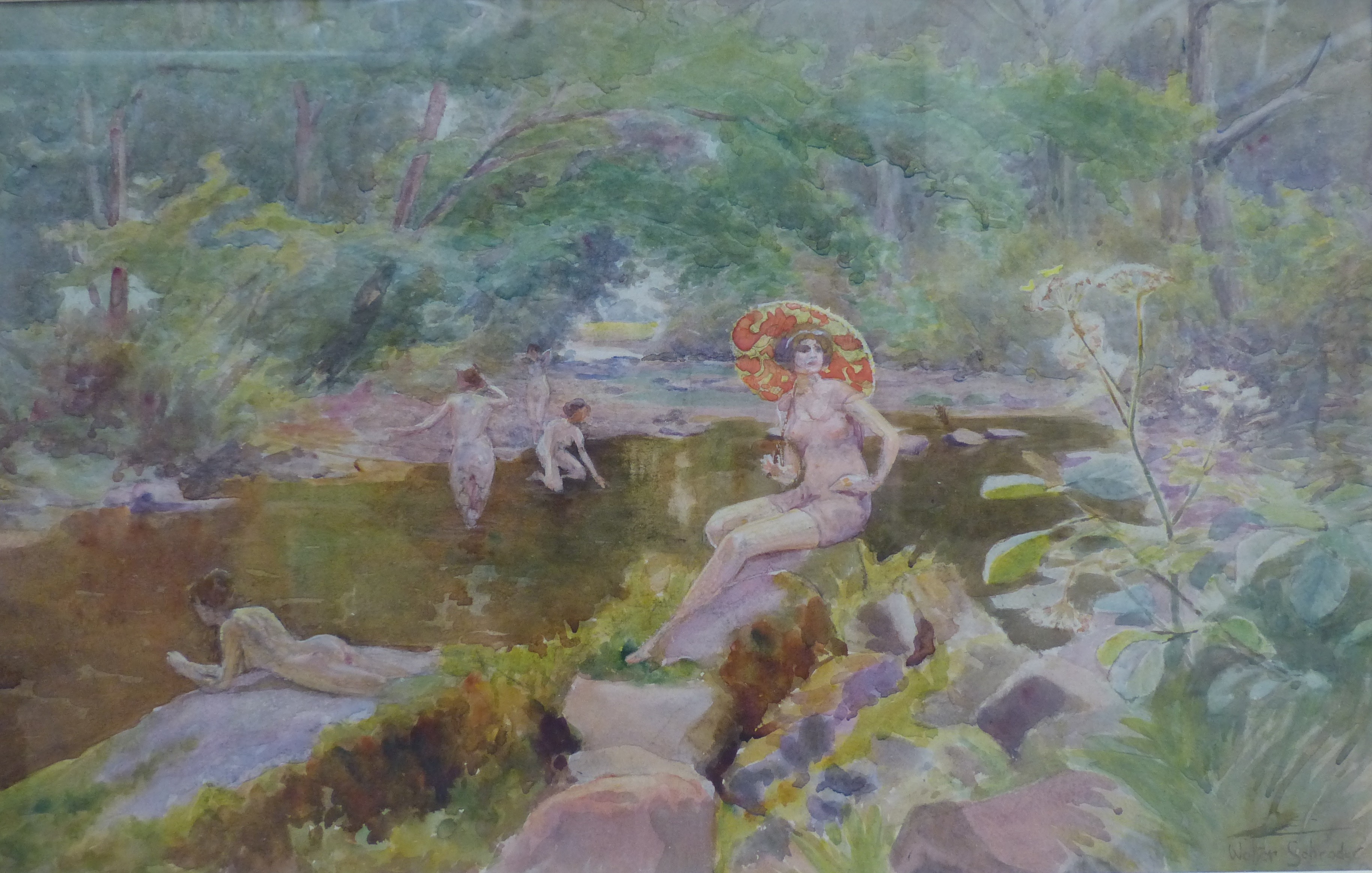 Walter Schroder, watercolour, Bathing beauties, signed, 27 x 43cm